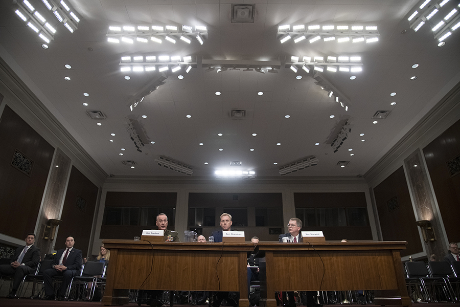 From left, Marine Corps Gen. Joe Dunford, chairman of the Joint Chiefs of Staff; Acting Defense Secretary Patrick M. Shanahan; and David L. Norquist, DOD's comptroller and chief financial officer, testify before the Senate Armed Services Committee on the fiscal year 2020 defense budget request at the Dirksen Senate Office Building in Washington, March 14, 2019. (Photo: U.S. Dept. of Defense)