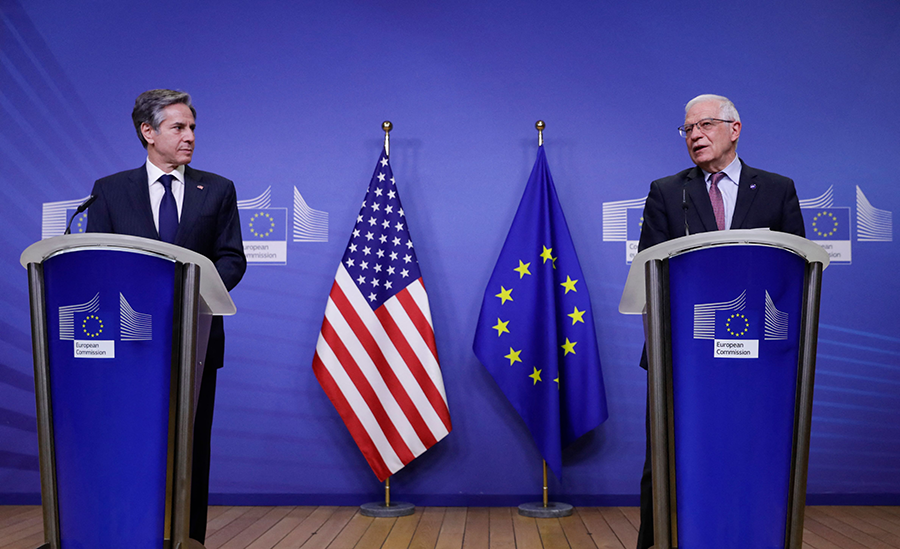 U.S. Secretary of State Antony Blinken (L) and European High Representative of the Union for Foreign Affairs Josep Borrell give a press conference ahead of their meeting at the EU headquarters in Brussels, March 24, 2021. (Photo by Olivier Hoslet/POOL/AFP via Getty Images)