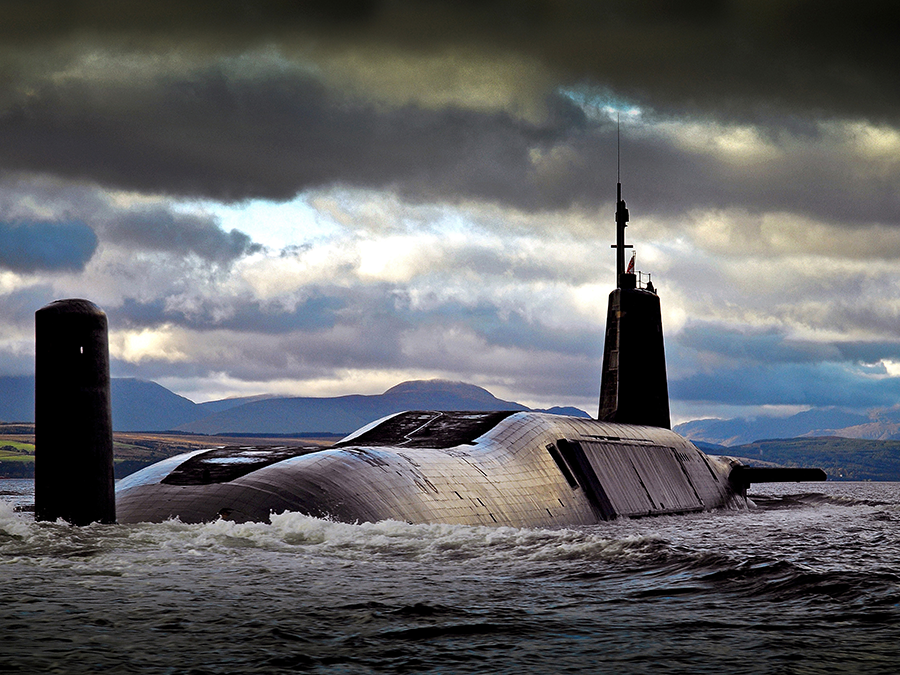 The HMS Vengeance returning to its homeport on the River Clyde in Scotland in 2007. Vengeance is one of four Vanguard-class nuclear-armed submarines operated by the British Royal Navy. (Photo: Tam McDonald/MOD)