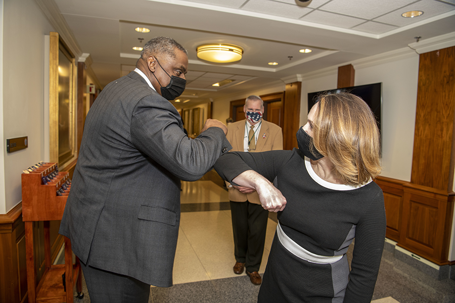 Secretary of Defense Lloyd J. Austin III greets Dr. Kathleen H. Hicks at the Pentagon, Washington, D.C., Feb. 9.  (DoD photo by U.S. Air Force Staff Sgt. Jack Sanders)