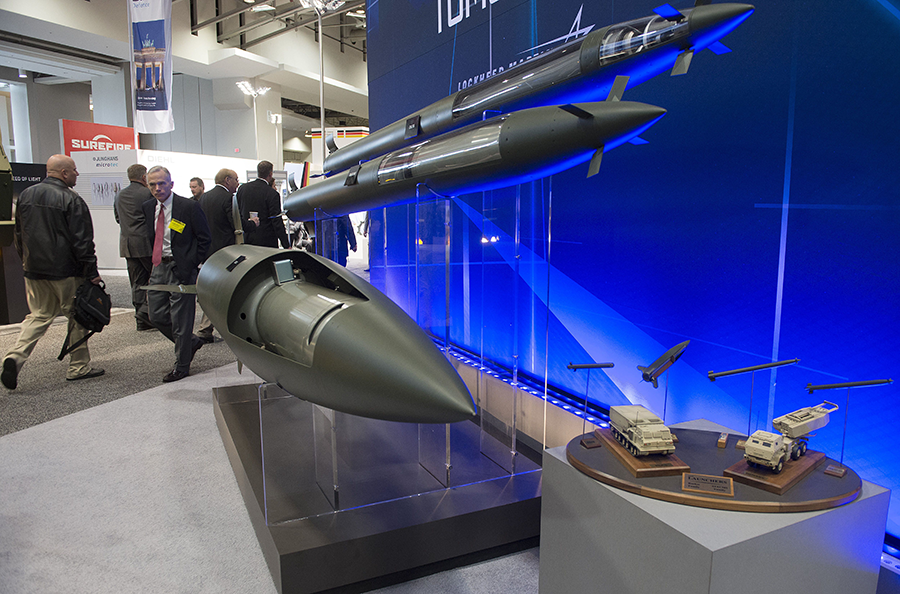 Missiles manufactured by Lockheed Martin are displayed during the Association of the United States Army (AUSA) Annual Meeting and Exposition in Washington, DC, October 13, 2014. (Photo: Jim Watson/AFP via Getty Images)