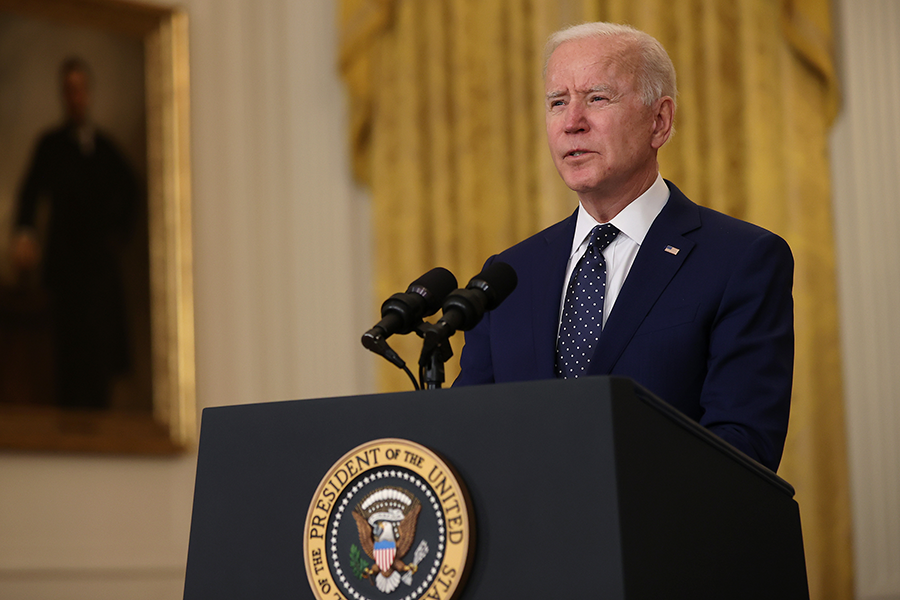 U.S. President Joe Biden speaks from the White House on April 15, 2021 and calls on Russia to engage in 