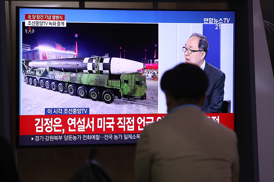 A man in Seoul, South Korea, watches a television show of a military parade marking the 75th anniversary of the founding of North Korea's ruling party released in October 2020 by Korean Central News Agency, the North's state news agency.  (Photo by Chung Sung-Jun/Getty Images)
