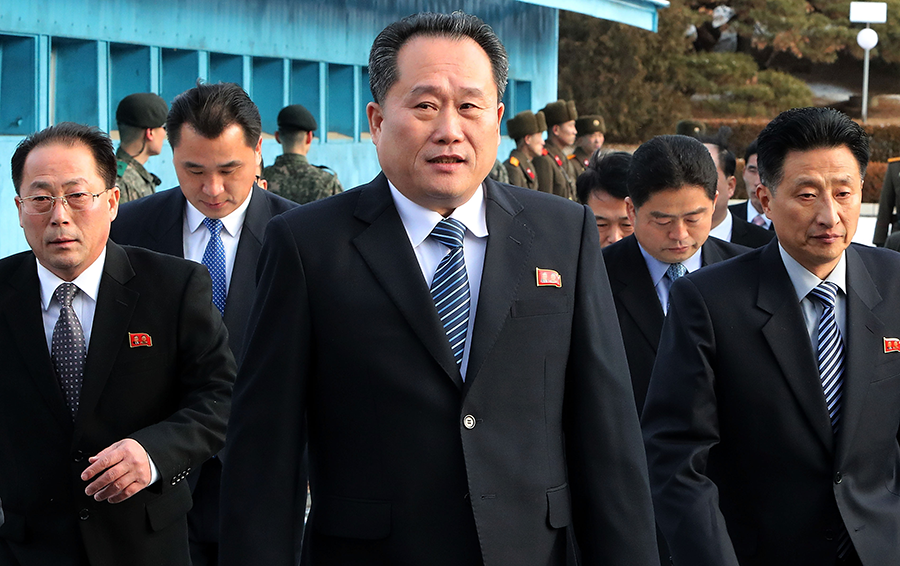Ri Son Gwon (C), now the North Korean foreign minister, arrives at Panmunjom in the Demilitarized Zone on January 9, 2018 for the first official face-to-face talks with South Korea in two years. At the moment, the North Koreans are reportedly resisting contacts with both Seoul and Washington. (Photo by Korea Pool/Getty Images)