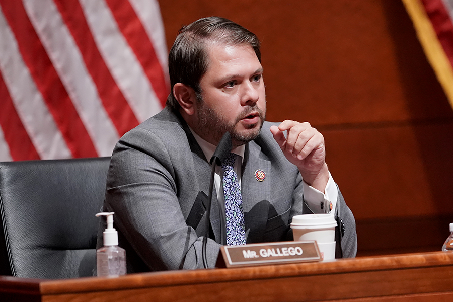 Rep. Ruben Gallego (D-Ariz.), shown here attending a House Armed Services Committee hearing in 2020, has questioned President Joe Biden's cuts in a key Pentagon program aimed at reducing threats from weapons of mass destruction and related challenges. (Photo by Greg Nash-Pool/Getty Images)