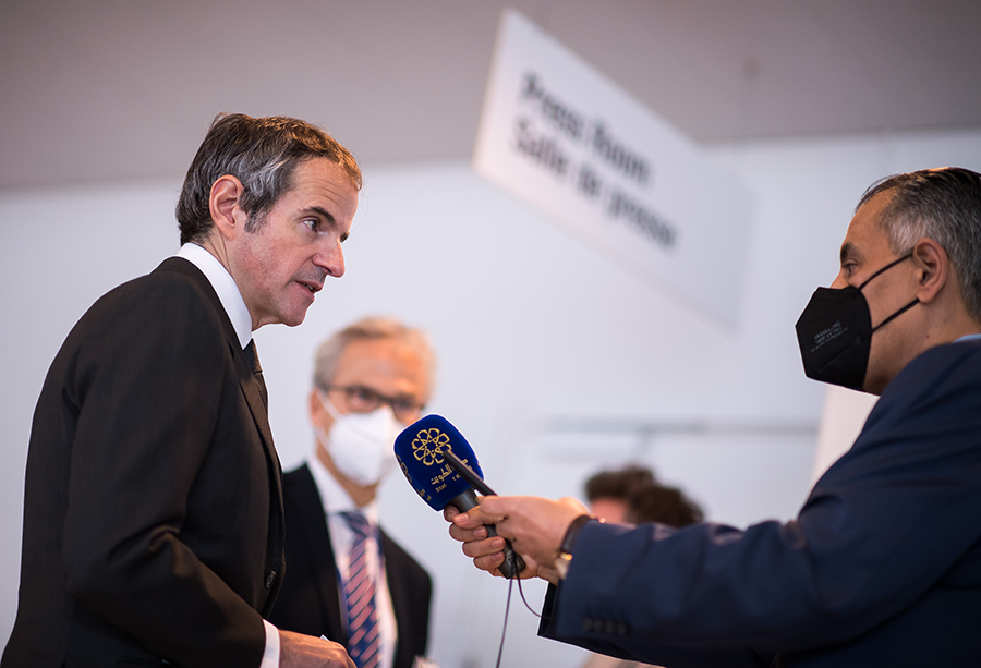 Rafael Grossi, Director General of the International Atomic Energy Agency, talks to a journalist after the press conference about the agency's monitoring of Iran's nuclear energy program in May in Vienna. (Photo by Michael Gruber/Getty Images)