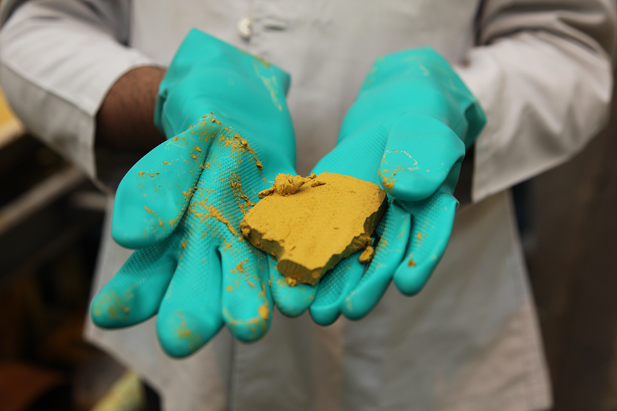 An intermediate form of uranium called "yellow cake" displayed at India's highly restricted uranium processing facility at Turamdih Uranium Mill at Jadugoda in Jharkhand in India. Twice in recent months, Indian authorities have arrested individuals for alleged illicit trading in uranium, which has applications in nuclear bombs, medicine and electricity production.  (Photo by Pallava Bagla/Corbis via Getty Images)