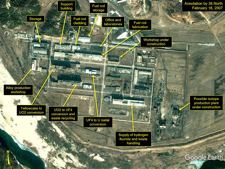Fuel Rod Fabrication Plant and other facilities at North Korea's Yongbyon nuclear complex in 2007.  (Image: Google Earth, © 2021 Maxar Technologies)