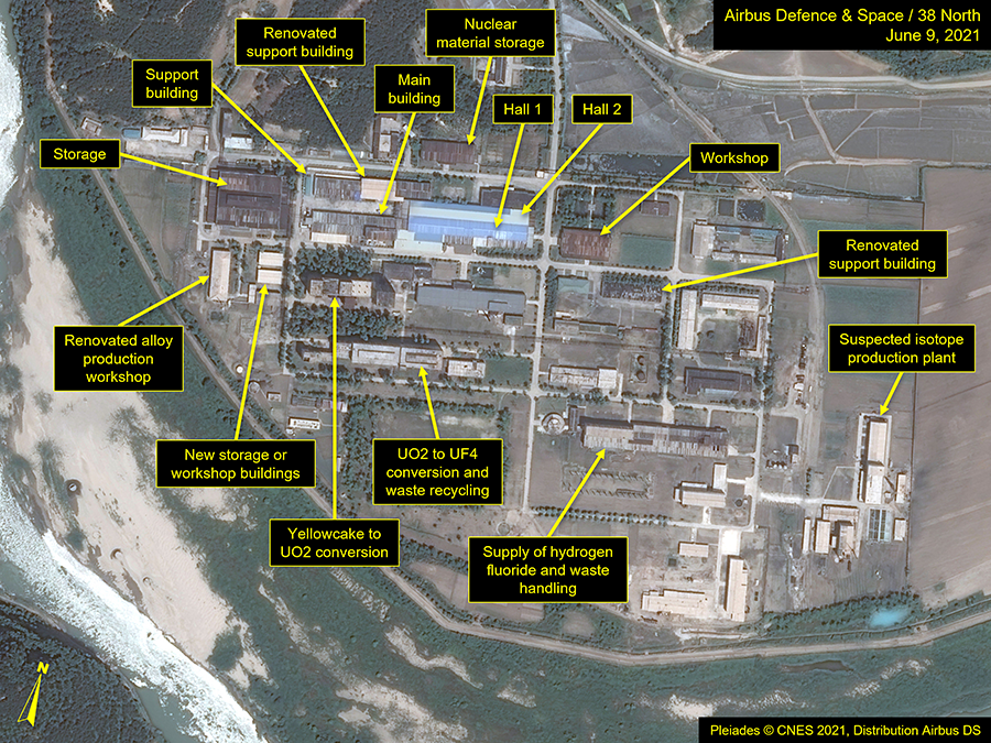 By 2021, the Fuel Rod Fabrication Plant had been renovated and expanded. Nuclear expert Olli Heinonen wrote for the 38North website that commercial satellite imagery shows that since 2009 "substantial changes" have taken place "indicating the gradual repurposing of this facility." Now known as the Uranium Enrichment Plant, it "has become the backbone of North Korea’s ability to produce fissile material for nuclear weapons," he wrote. (Image: Airbus Defence & Space, 38 North, and “Pleiades © CNES 2021, Distribution Airbus DS”)