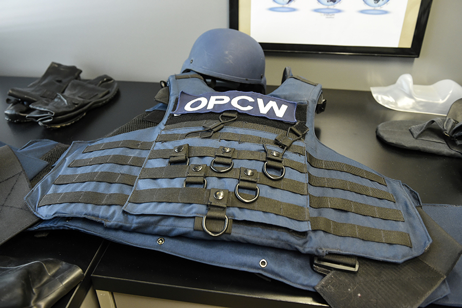 A bulletproof vest worn by staff of the Organisation for the Prohibition of Chemical Weapons, based in The Hague. For two decades, the OPCW has been key to the painstaking task of trying to eliminate the world's CW stockpiles. More recently, it has worked to hold Russia and Syria, instigators of the current CW crisis, to account. (Photo by John Thys/AFP via Getty Images)
