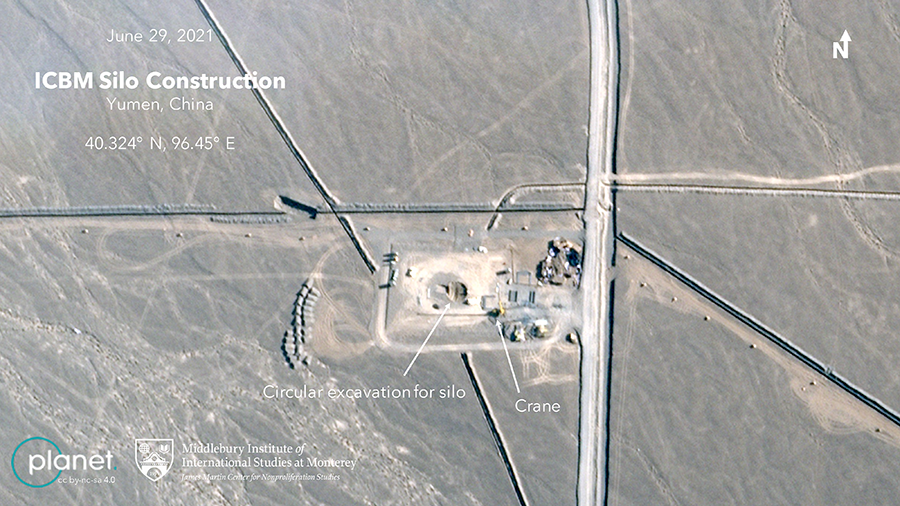 Yumen in northwestern China is among three locations where the Beijing government is constructing at least 250 new long-range missile silos. (Image: Planet Labs Inc. / Analysis: MIIS James Martin Center for Nonproliferation Studies)