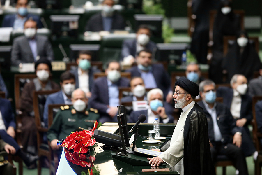 Ebrahim Raisi speaks during the swearing-in ceremony for the new Iranian President on August 5, 2021 in Tehran, Iran.  (Photo by Meghdad Madadi/ATPImages/Getty Images)