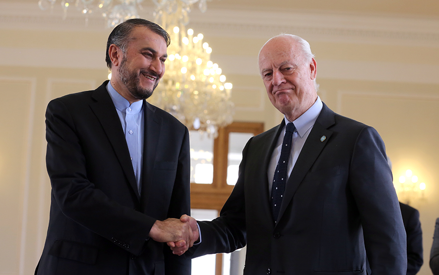 In 2016, Hossein Amirabdollahian, then Iran's deputy foreign minister for Arab and African affairs, met in Tehran with UN Envoy to Syria Steffan de Mistura to discuss Syria peace negotiations. Amirabdollahian was just promoted to foreign minister by new Iranian President Ebrahim Raisi. (Photo by STRINGER/AFP via Getty Images)
