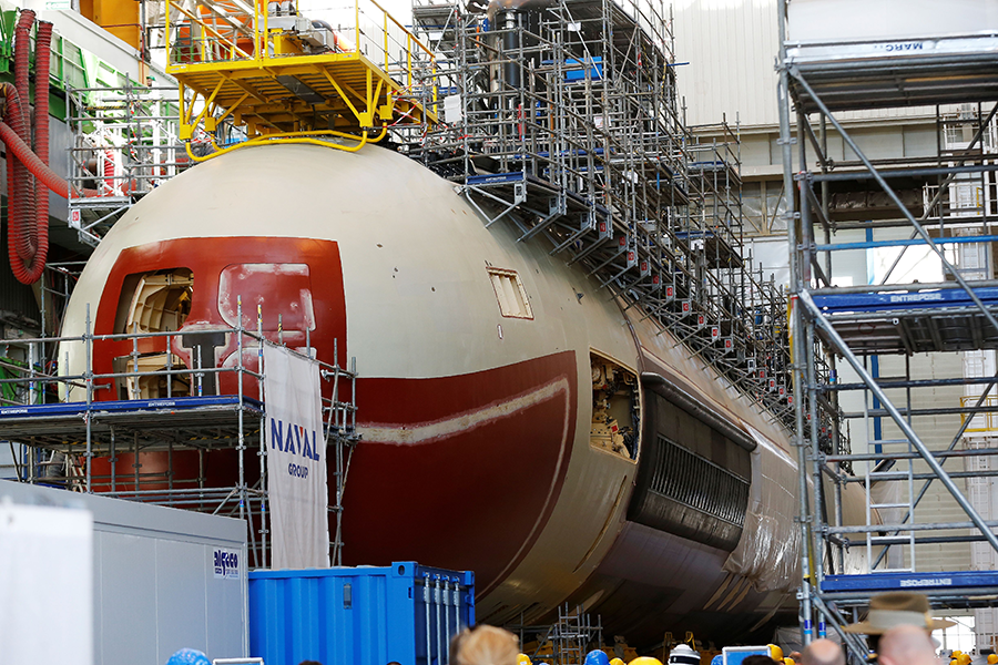 Four torpedo tubes in the bow of a Suffren-class nuclear attack submarine, under construction in north-western France in 2017, during a visit by French Defence Minister Florence Parly and Australian Prime Minister Malcolm Turnbull. Australia would have bought 12 Suffrens equipped with conventional propulsion from France under a deal Australia abrogated in favor of buying nuclear submarines from the United Kingdom and the United States. (Photo by Charly Triballeau/AFP via Getty Imges)