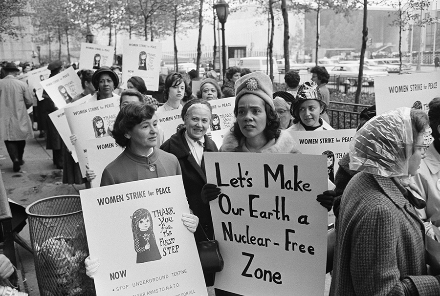 Dagmar Wilson and Coretta Scott King lead a march at the United Nations in New York on November 1, 1963, the second anniversary of Women Strike for Peace, and celebrate the Limited Test Ban Treaty. (Photo by Bettmann Archive/Getty Images)