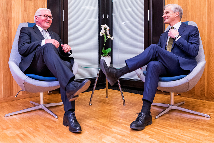 Norwegian Prime Minister Jonas Gahr Store (R), shown hosting German President Frank-Walter Steinmeier in Oslo. Both countries recently announced that they will attend the first meeting of the states-parties of the Treaty on the Prohibition of Nuclear Weapons (TPNW) as observers in March 2022. (Photo by Håkon Mosvold Larsen / NTB / AFP via Getty Images)