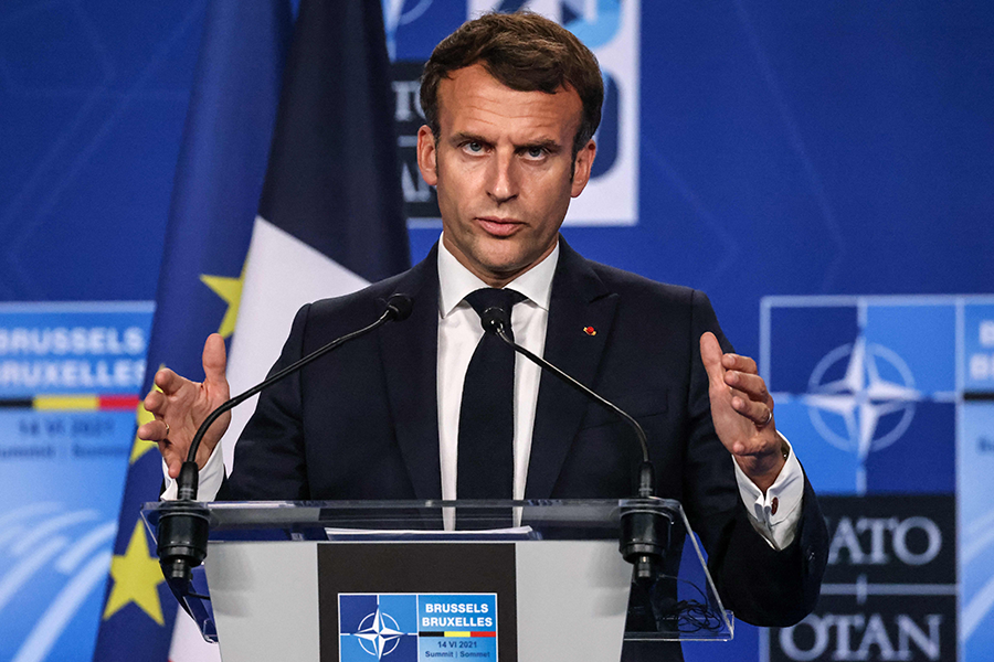 French President Emmanuel Macron, shown at a NATO meeting in June in Brussels, has been leading the charge to keep the alliance from joining the Treaty on the Prohibition of Nuclear Weapons (TPNW). (Photo by THOMAS COEX/AFP via Getty Images)