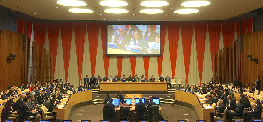 The Conference on the Establishment of a Middle East Zone Free of Nuclear Weapons and Other Weapons of Mass Destruction held its first session, shown here, in November 2019 at UN Headquarters in New York. The second session is taking place Nov. 29–Dec. 3 in the same venue. Whether to establish such a zone is among the issues to be considered at the 10th nuclear Nonproliferation Treaty Review Conference in January, also in New York. (Photo by United Nations)