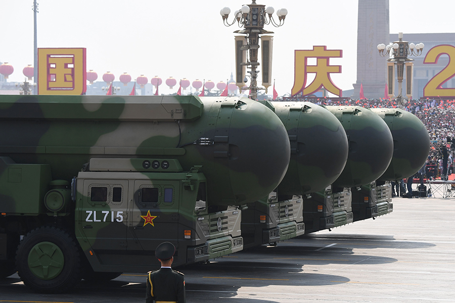 China's DF-41 nuclear-capable intercontinental ballistic missiles, shown here during a military parade in Beijing in 2019, are a component of the country's nuclear buildup. (Photo by GREG BAKER/AFP via Getty Images)