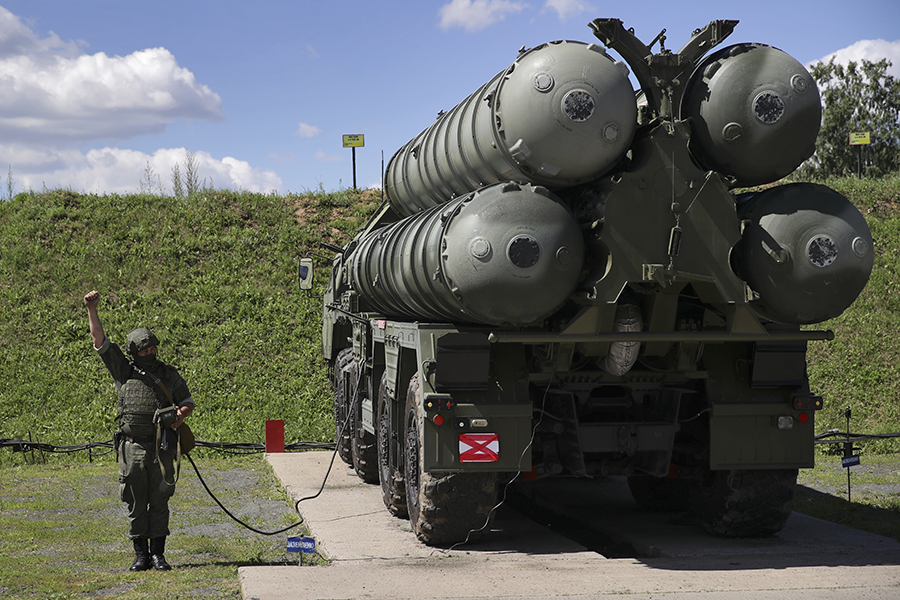 India faces U.S. sanctions as a result of its decision to purchase S-400 missile defense systems from Russia. This one was used during a Russian military exercise in July 2021 near the village of Plotnikovo. (Photo by Kirill Kukhmar\TASS via Getty Images)
