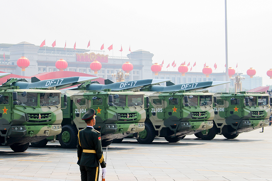 At a military parade in 2019, China displayed DF-17 Dongfeng medium-range ballistic missiles equipped with a DF-ZF hypersonic glide vehicle. (Photo by Zoya Rusinova\TASS via Getty Images)