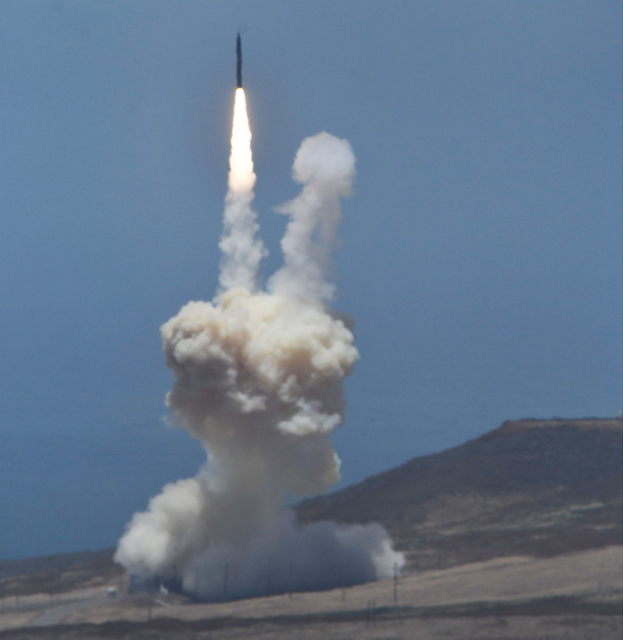 A ground-based interceptor (GBI) rocket is launched in May 2017 from Vandenberg Air Force Base, California. (Photo by Gene Blevins/AFP via Getty Images)