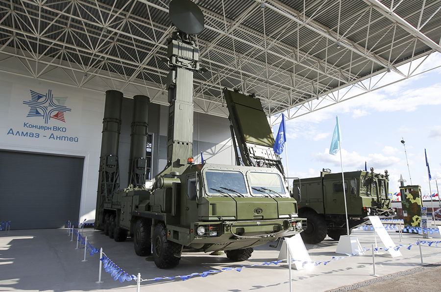 A launcher for a Russian anti-ballistic missile system was on display at the Russian Army's 2021 International Military and Technical Forum near Moscow.  (Photo by Sergei Karpukhin\TASS via Getty Images)