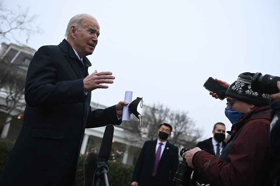President Joe Biden speaks to the press as he departs the White House on Dec. 8, a day after a virtual summit with Russian President Vladimir Putin. Another virtual summit was held on Dec. 30 as tensions over Ukraine heated up.  (Photo by BRENDAN SMIALOWSKI/AFP via Getty Images)