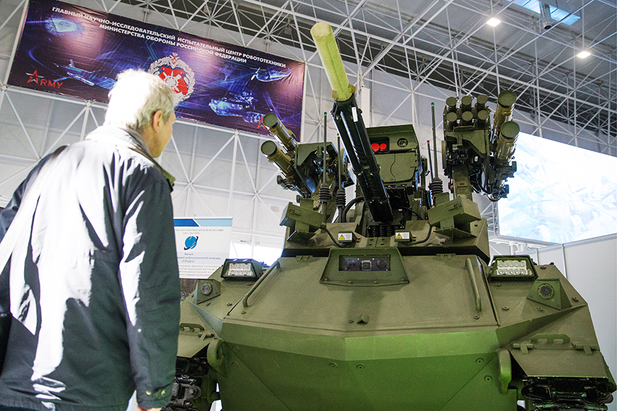 An Uragan 9 multiple launch rocket system on display at an exhibition of Russian robotic weapons in 2017. (Photo by Sergei Bobylev\TASS via Getty Images)