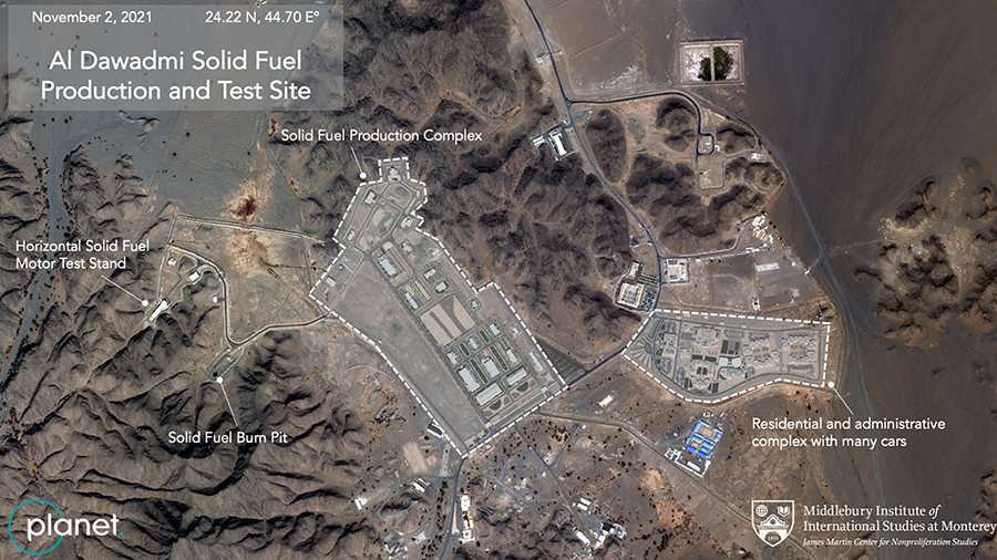 Site at al-Dawadi near Riyadh, where Saudi Arabia is manufacturing ballistic missiles with China's help, according to a U.S. intelligence assessment reported by CNN. This satellite image was provided by the James Martin Center for Nonproliferation Studies, where experts analyzed the data. (Source: James Martin Center for Nonproliferation Studies at the Middlebury Institute for International Studies at Monterey.)