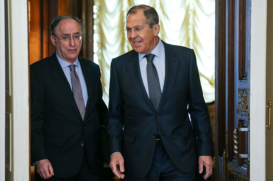 Fernando Arias (L), recently appointed to a second term as director-general of the Organisation for the Prohibition of Chemical Weapons (OPCW), and Russian Foreign Minister Sergei Lavrov are shown meeting in Moscow in 2019.  (Photo by Vladimir Gerdo\TASS via Getty Images)