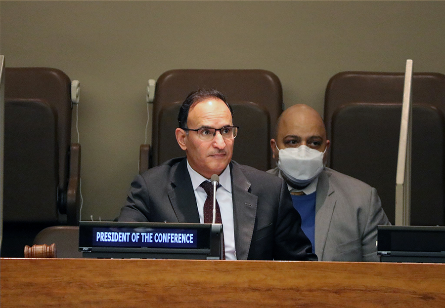Mansour Al-Otaibi, Kuwait's ambassador to the United Nations, served as president of the second session of the Conference on the Establishment of a Middle East Zone Free of Nuclear Weapons and Other Weapons of Mass Destruction during  proceedings in New York in December 2021. (Photo by Kuwait Mission to the UN)
