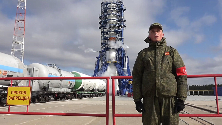A Soyuz-2 1b rocket booster carrying the Kosmos-2546 military satellite of the Russian Defense Ministry before launch by the Russian Aerospace Forces from the Plesetsk Cosmodrome in May 2020. That same year, Russia used other versions of Kosmos satellites in anti-satellite (ASAT) weapons tests. (Photo by Russian Defense Ministry/TASS via Getty Images)