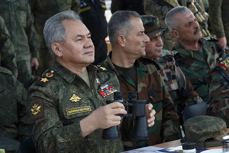 Russian Defense Minister Sergei Shoigu (L) has said Russian ASAT tests reflect a "cutting-edge future weapon system" designed to offset U.S. attempts to gain "comprehensive military advantage" in space. (Photo by Vadim Savitsky/TASS via Getty Images)