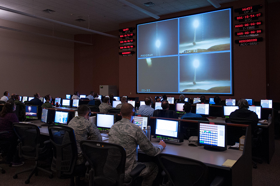 What is the effect on nuclear decision-making if brain-computer interface technologies tie humans more closely to computers and speed communication? That is one question that needs greater examination in nuclear policy, authors Marina Favaro and Elke Schwarz write. Here, members of the 576th Flight Test Squadron monitor an operational test launch of an unarmed Minuteman III missile at Vandenberg Air Force Base, Calif. in 2015. (U.S. Air Force photo/Michael Peterson)