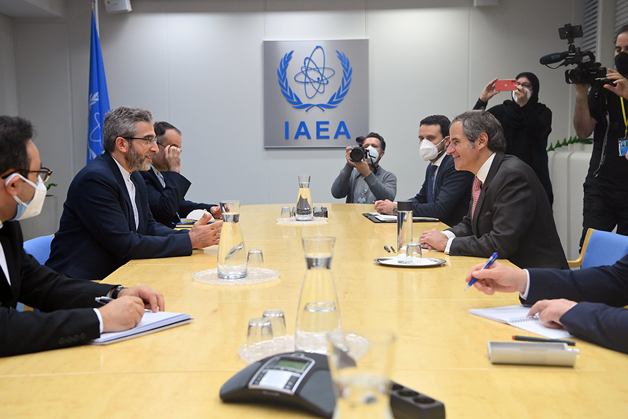 As negotiations on reviving the Iran nuclear deal intensified, Rafael Mariano Grossi (R), director-general of the International Atomic Energy Agency (IAEA), held talks with Ali Bagheri Kani, the Iranian deputy foreign minister, at IAEA headquarters in Vienna on Feb. 15. (Photo by Dean Calma/IAEA)