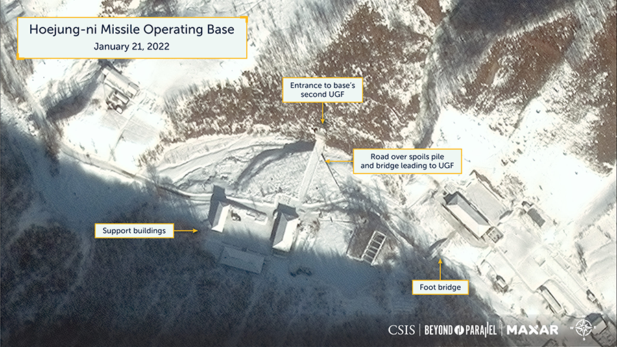 Located 338 kilometers north of the demilitarized zone and only 25 kilometers from the Chinese border in Chagang Province, the Hoejung-ni missile operating base will likely house a regiment-sized unit equipped with North Korean intercontinental ballistic missiles, analysts at the Center for Strategic and International Studies reported in February. (Photo by Maxar Technologies)