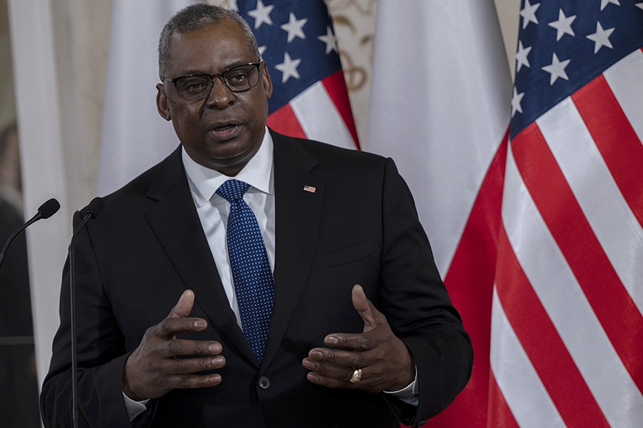 Defense Secretary Lloyd Austin, shown here on a trip to Poland, gathered executives from the hypersonics weapons industry at the Pentagon on Feb. 3 to emphasize the U.S. commitment to speed development of hypersonic weapons.  (Photo by Chad McNeeley/Office of the Secretary of Defense Public Affairs)