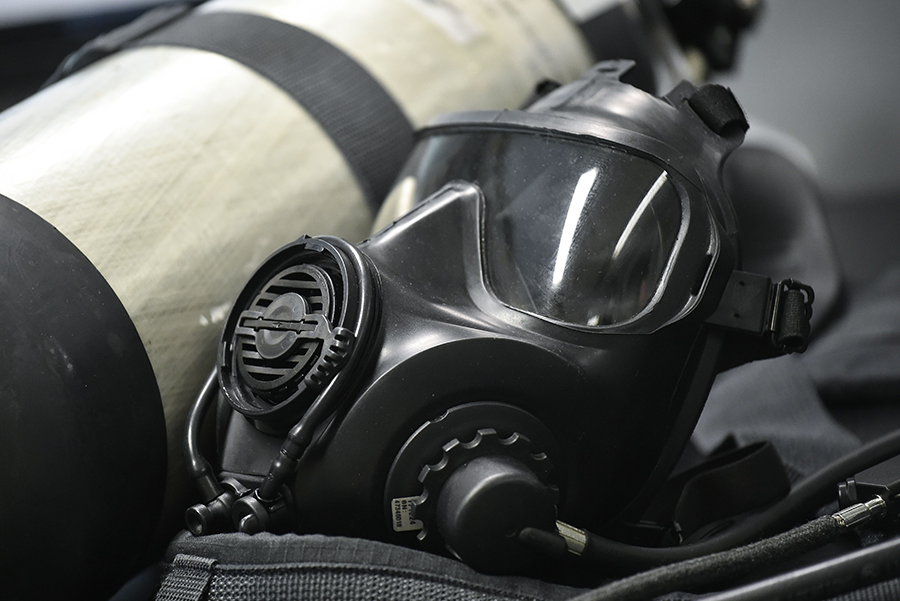 A protection mask used by experts with the Organisation for the Prohibition of Chemical Weapons, a UN agency that for two decades has been central to eliminating the world's toxic arms stockpiles. (Photo by John Thys/AFP via Getty Images)