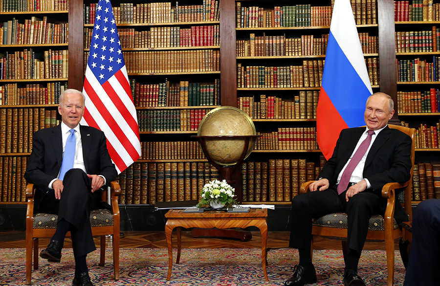 At their June 2021 summit in Geneva, U.S. President Joe Biden (L) and Russian President Vladimir Putin affirmed that a “nuclear war can never be won and must never be fought.” Now that Russia is at war with Ukraine, however, Putin has raised the specter of using nuclear weapons in the fight and his summit commitment rings hollow. (Photo by Denis Balibouse - Pool/Keystone via Getty Images)
