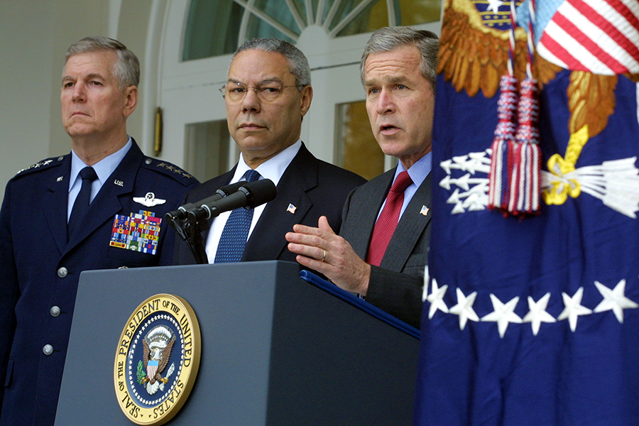 In 2001, President George W. Bush (R) announced the U.S. withdrawal from the 1972 Anti-Ballistic Missile Treaty as Secretary of State Colin Powell (C) and Gen. Richard Myers, chairman of the Joint Chiefs of Staff, looked on at the White House. Bush and his administration wanted to pursue a missile defense system. (Photo by Alex Wong/Getty Images)