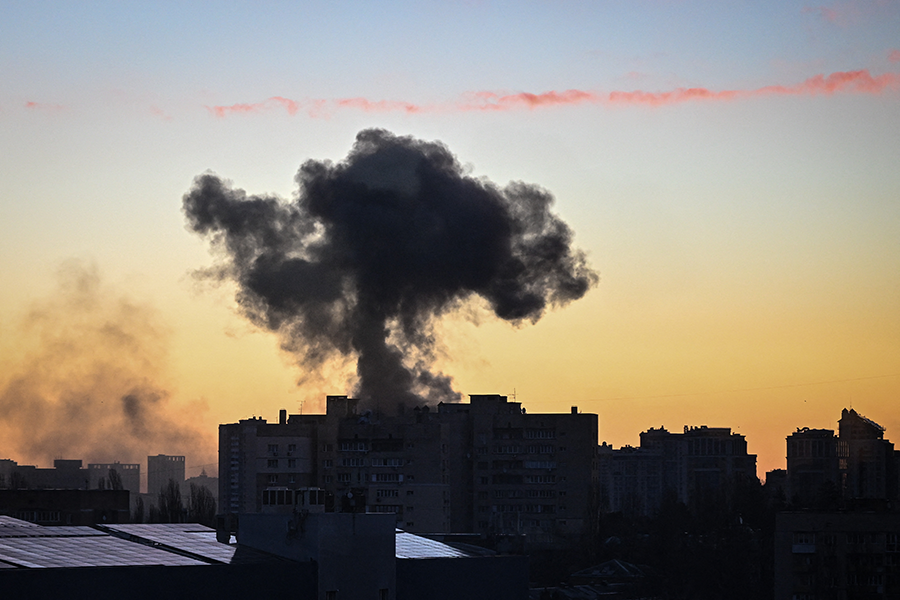 Smoke rising after an explosion in Kyiv on March 16, during Russia’s war against Ukraine. (Photo by Aris Messinis/AFP via Getty Images)