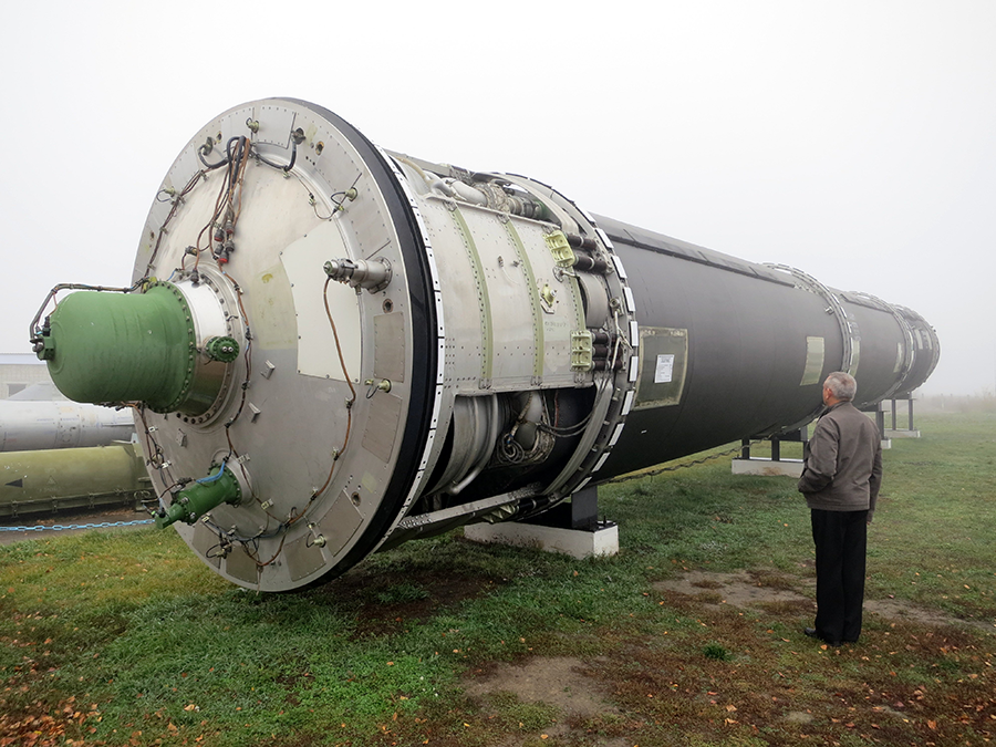 An old Soviet SS-18 intercontinental ballistic missile on display at the Ukraine Strategic Missile Forces Museum outside of Kyiv. (Photo: Stefan Krasowski via Wikimedia)