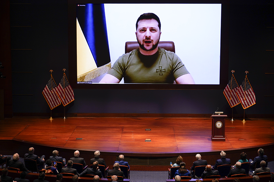 Ukrainian President Volodymyr Zelenskyy, in an extraordinary video address to the U.S. Congress on March 16, pleaded for more U.S. support as his country fights to defend itself against invading Russian forces. (Photo by J. Scott Applewhite-Pool/Getty Images)