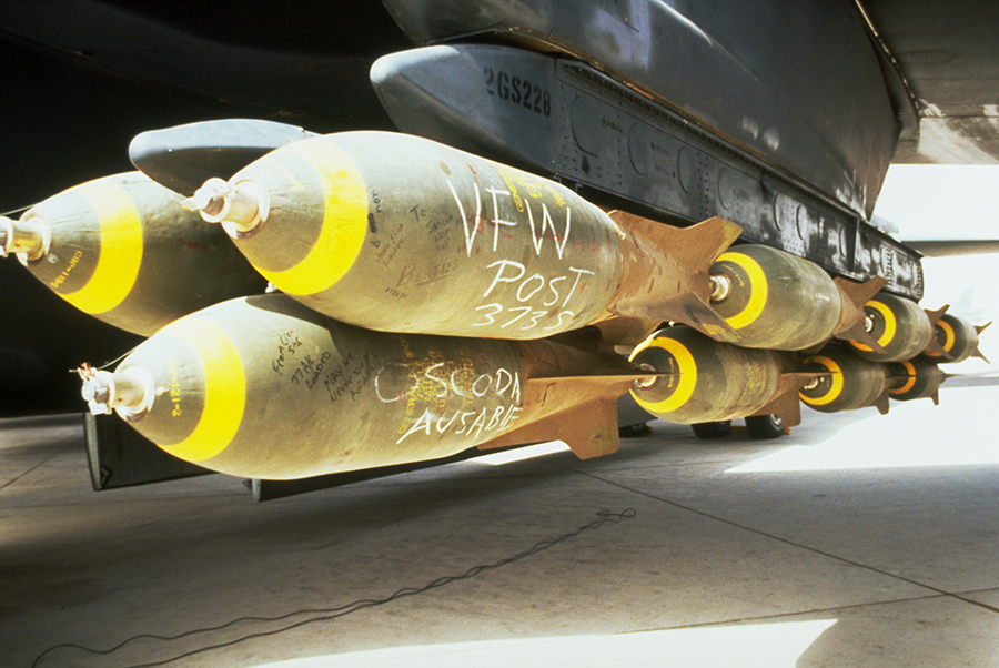 During the 1991 Gulf War, M-117 750-pound bombs were loaded onto the pylon of a B-52G Stratofortress aircraft prior to a bombing mission against Iraqi forces. (Photo by © CORBIS/Corbis via Getty Images)