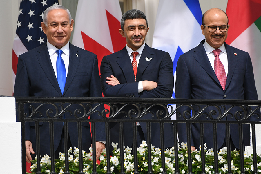 Israeli Prime Minister Benjamin Netanyahu (L), Foreign Minister Abdullah bin Zayed Al-Nahyan of the United Arab Emirates and Bahrain Foreign Minister Abdullatif al-Zayani pose at the White House before signing the Abraham Accords on September 15, 2020. (Photo by Saul Loeb/AFP via Getty Images)