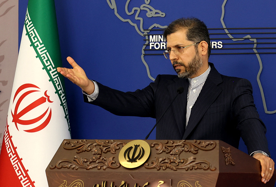 Iran's Foreign Ministry spokesperson Saeed Khatibzadeh speaks to the media during a press conference in Tehran, on April 25. (Photo by Atta Kenare/AFP via Getty Images)