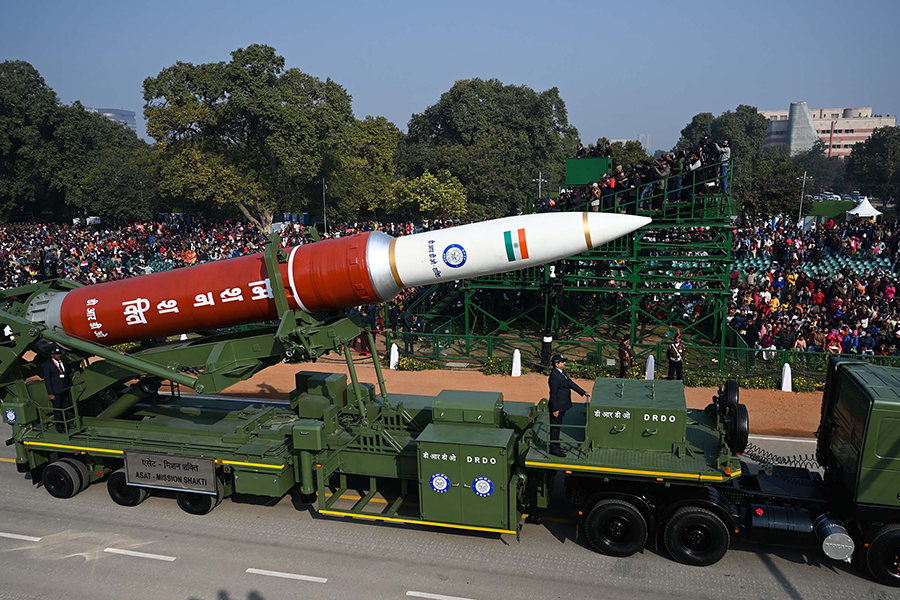 An Indian DRDO anti-satellite weapon (ASAT) is displayed during the Republic Day parade in New Delhi in January 2020.  (Photo by Prakash Singh/AFP via Getty Images)
