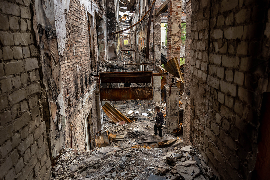 The remains of a school in Kharkiv, Ukraine, that was destroyed during fighting between Ukrainian and Russian forces on May 24. (Photo by John Moore/Getty Images)