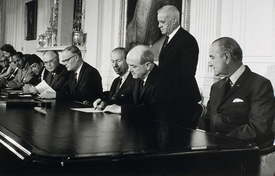 More than 50 years after U.S. Secretary of State Dean Rusk signed the nuclear Nonproliferation Treaty as U.S. President Lyndon Johnson (R) looked on, the agreement remains the bedrock of the international arms control and disarmament regime. But it has grown increasingly unstable, especially since Russia invaded Ukraine. (Photo by © CORBIS/Corbis via Getty Images)